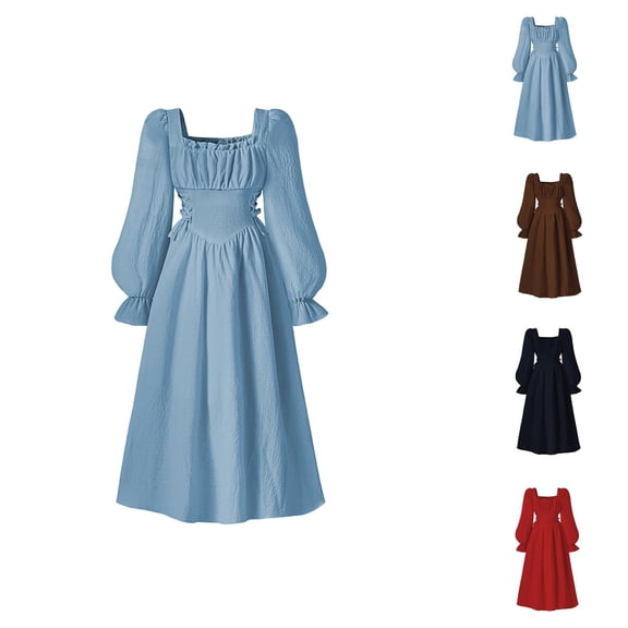 French Square Neck Girls Party Dress with Puff Sleeves, Elegant Waist-Defining Flared Gown for Fall Autumn Season, Flowy Casual Outing Birthday Photo Event Dress
