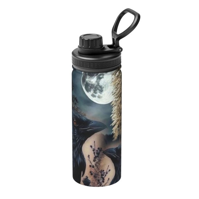 Cuervo místico y botella de agua deportiva completa con aislamiento de acero inoxidable, taza portátil, botella de agua para exteriores, moda, viajes, fitness, estudiante, talla única.