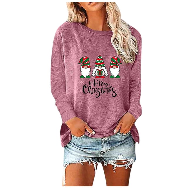 Holiday Time T-Shirts Femmes Drôle Xmas Graphique Col Rond Chandails en Molleton Léger Chandail Tops Tunique Décontractée Manches Longues Blouse 02-Rose TTTG