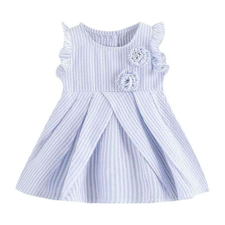 

Flower Girl Dress Sleeveless Party Tutu Dresses Striped Blue 90