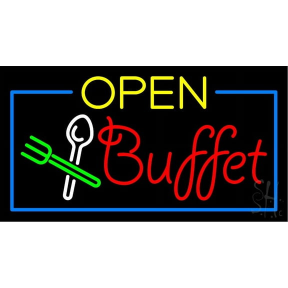 Open Buffet LED Neon Sign 20 x 37 - inches, Black Square Cut Acrylic Backing, with Dimmer - Bright and Premium built indoor LED Neon Sign for restaurant window and interior decor.