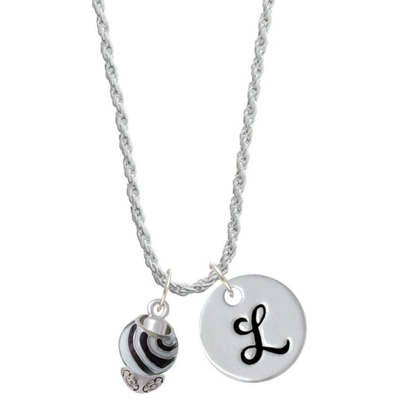 Delight Jewelry Silvertone Wide Zebra Print Spinners Silvertone Script Initial Disc - L - Charm Necklace, 20" 3"