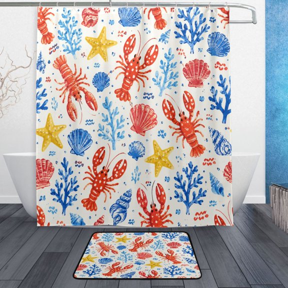 TTYFWHD 60" x 72" Shower Curtain and Bath Mat Set Lobster Seamless Ocean Pattern Waterproof Bathroom Curtain with 12 Hooks, Bathroom Decor Set