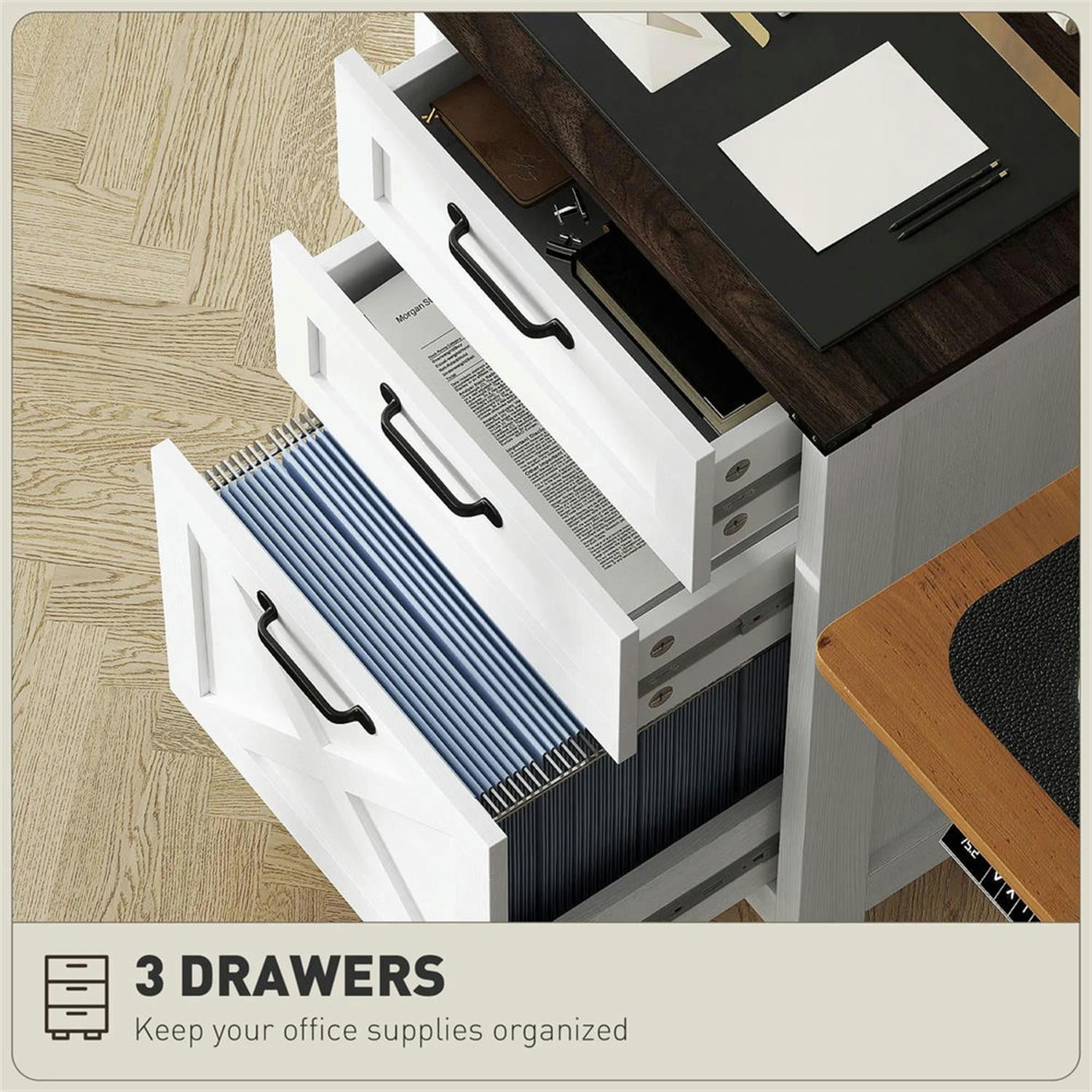 Demi Bonn Modern 3-Drawer Filing Cabinet for Letter, A4 and Legal Size, Home Office, Rustic Farmhouse Vertical File Cabinet, White