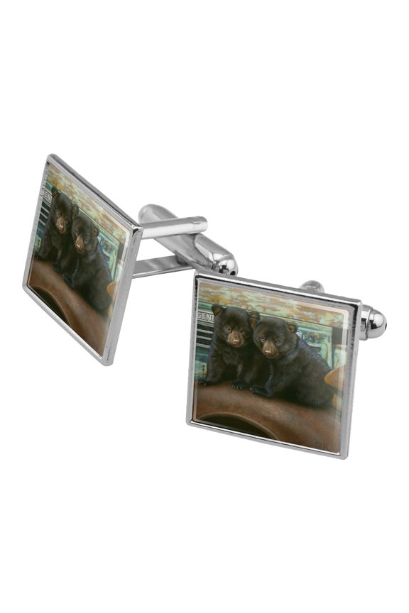 Black Bear Cubs on Vintage Car Square Cufflink Set - Silver or Gold