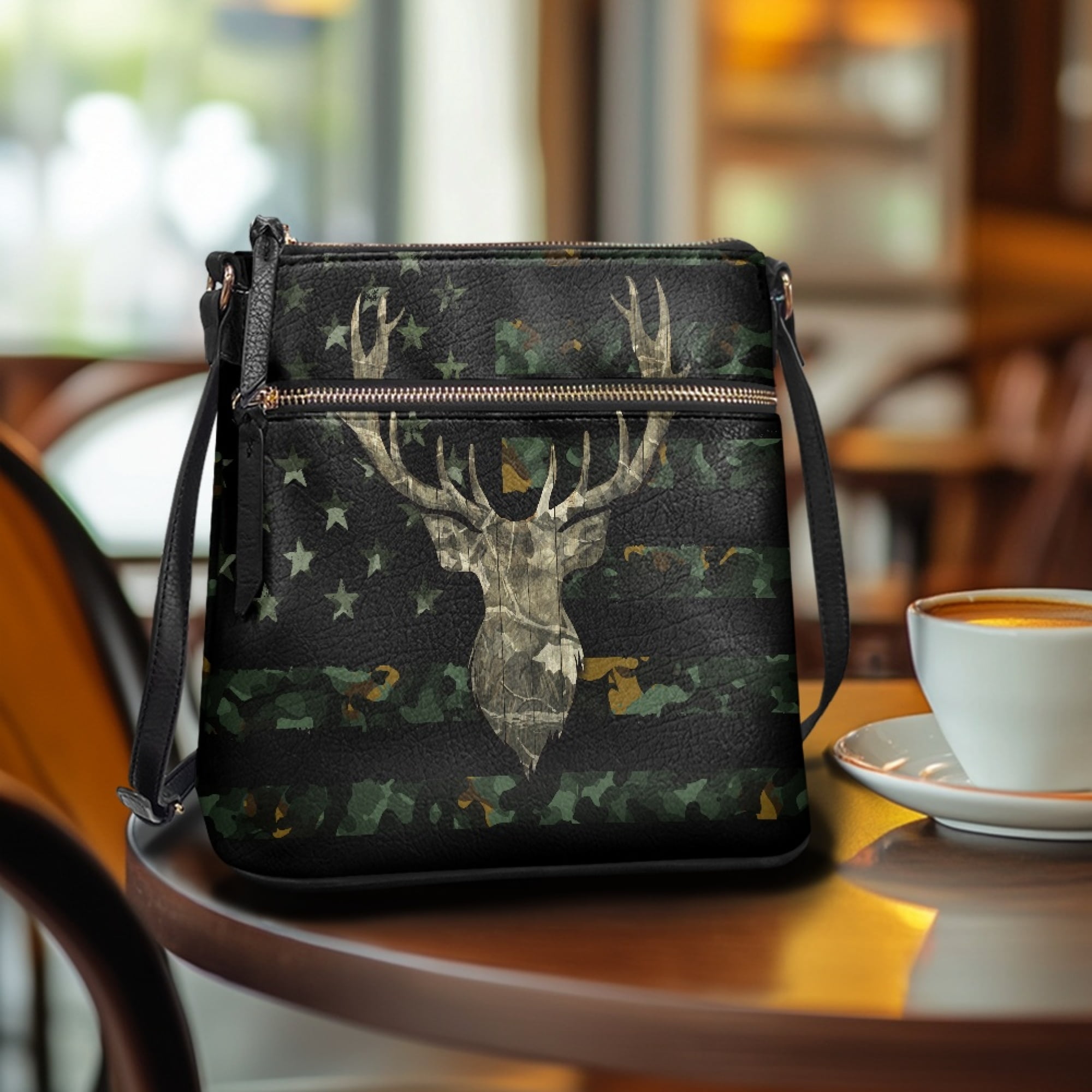 Kuiaobaty Camo Hunting Print Women's Crossbody Bag, American Flag Deer Print Trendy Vegan Leather Shoulder Purse with Adjustable Strap, Casual Portable Satchel Purse Crossbody for Travel