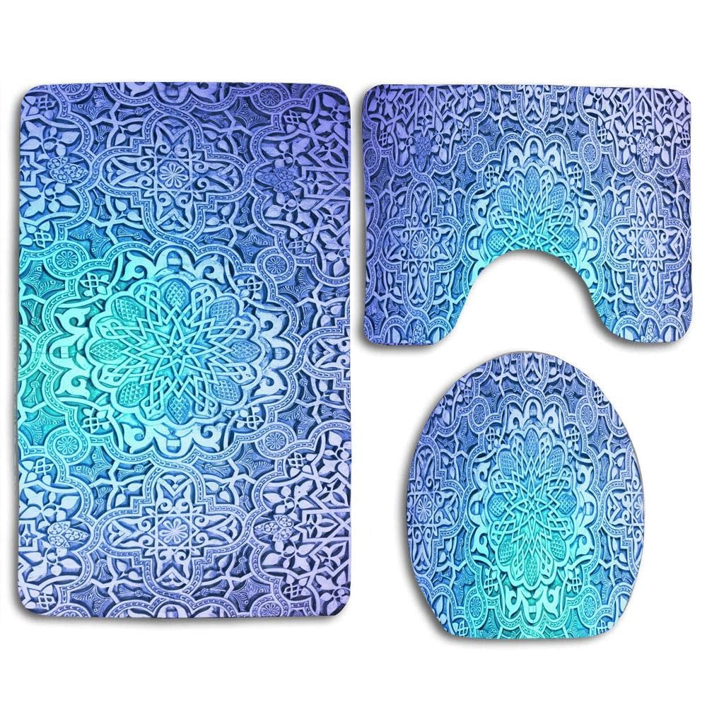 GOHAO Ornamental Blue Madala 3 Piece Bathroom Rugs Set Bath Rug Contour Mat and Toilet Lid Cover