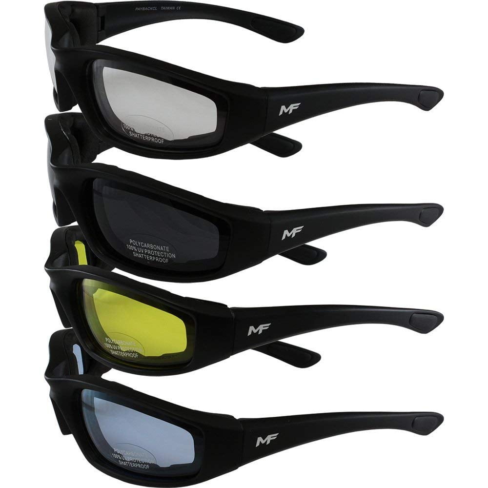 4 PAIRS PADDED MOTORCYCLE RIDING GLASSES DAY NIGHT SMOKE CLEAR