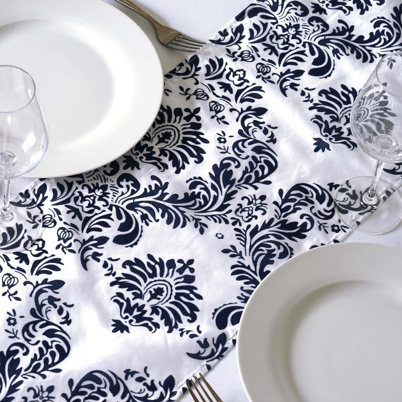 12"x108" Navy Blue Taffeta Damask Flocking Table Runner
