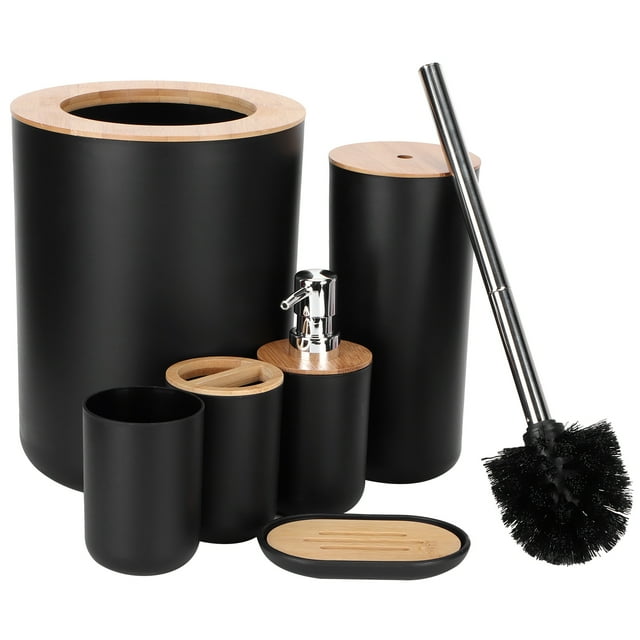 Juego De Escobillas Para Inodoro, Escobilla Para Inodoro, Caja De Jabón De Madera Y Plástico De Bambú, Contenedor De Basura, 6 Piezas, Accesorios De Baño Para El Hogar, Baño,