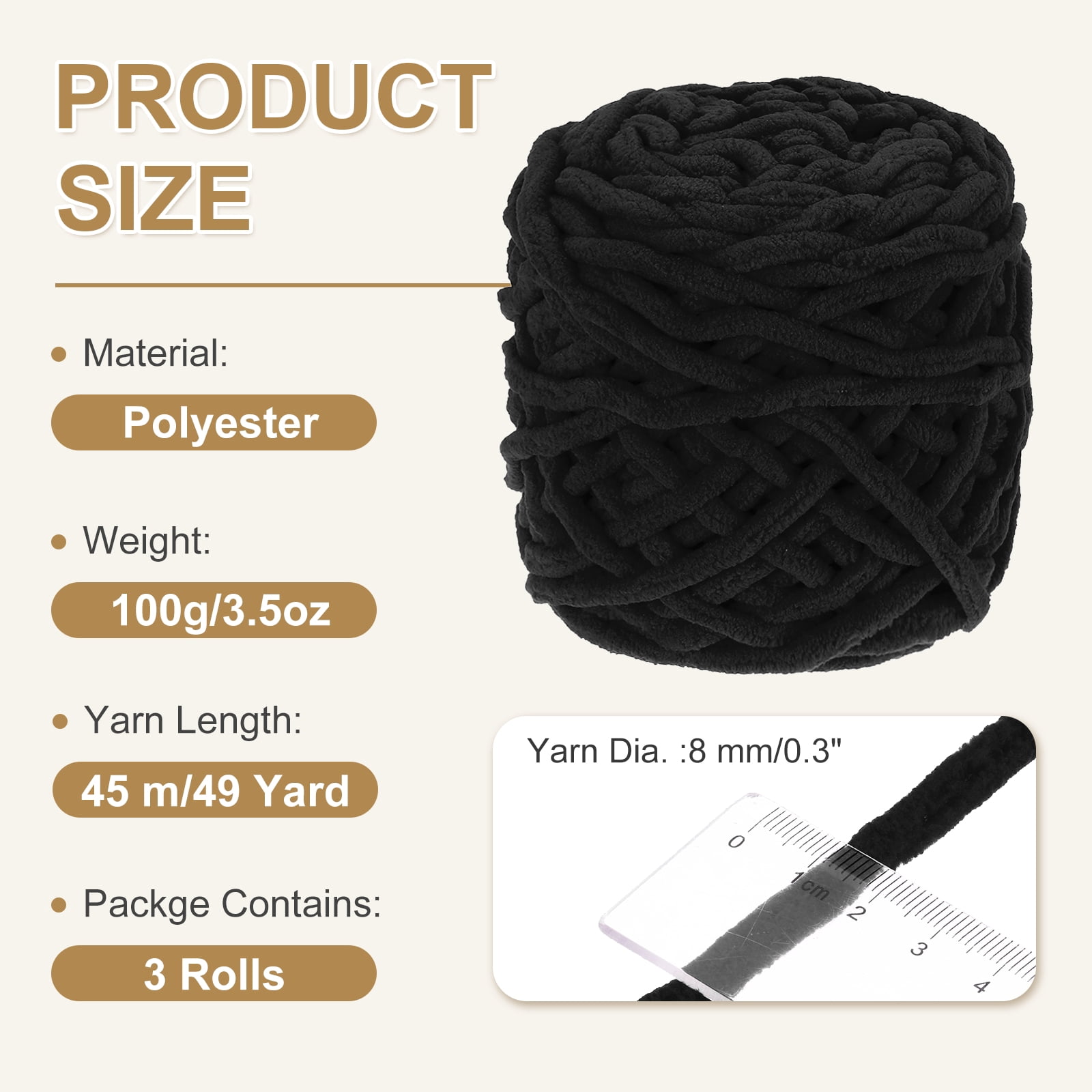 Uxcell 3 Pcs Blanket Yarn, 49 Yards Fluffy Velvet Plush Bulky Thick Chenille Chunky Yarn for Soft Velvet Blanket Shawl Scarf Crochet Hand Knitted Crafts, Black