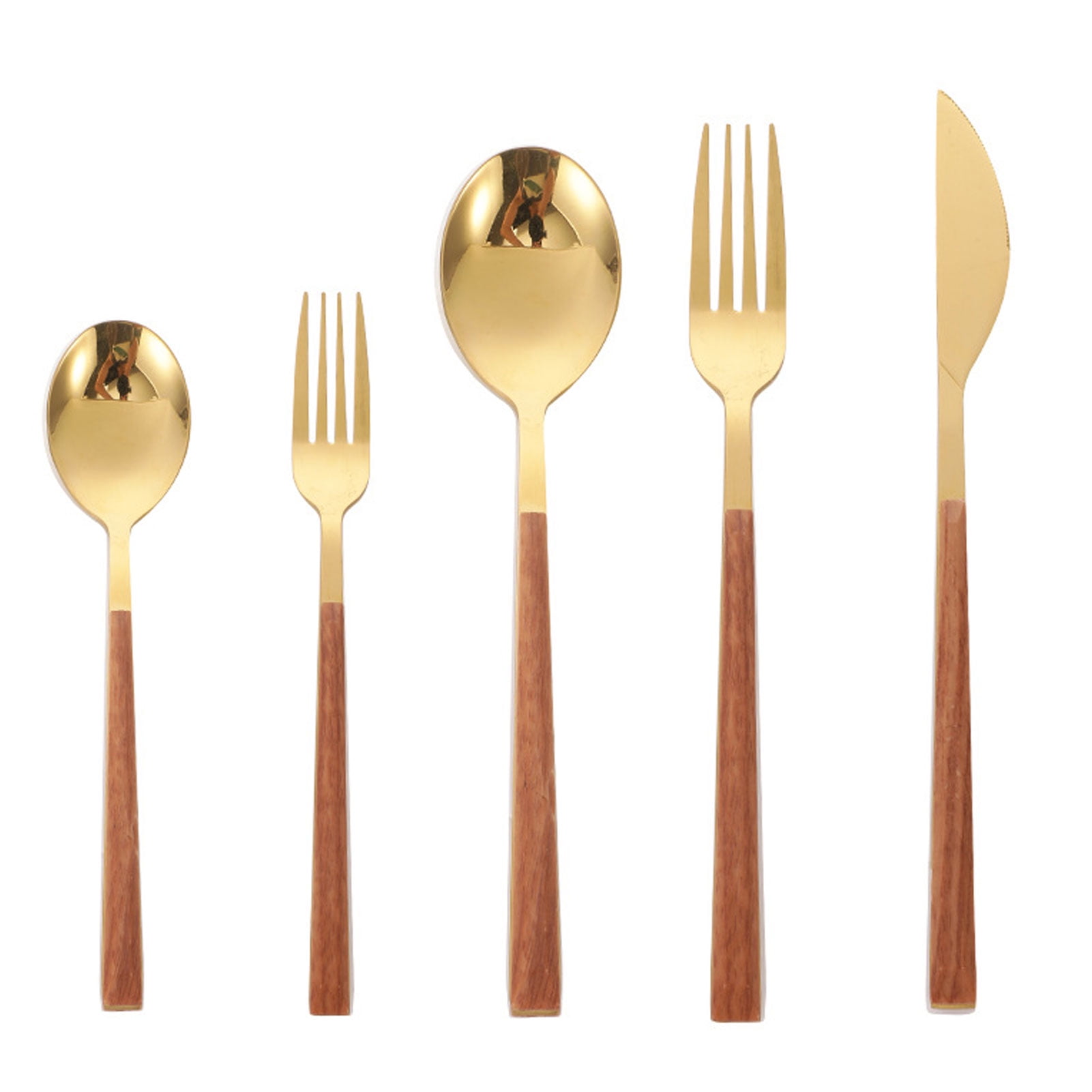 5 Pcs Stainless Steel Knife Fork Spoon Set with Imitation Wood Handle, Stainless Steel Flatware