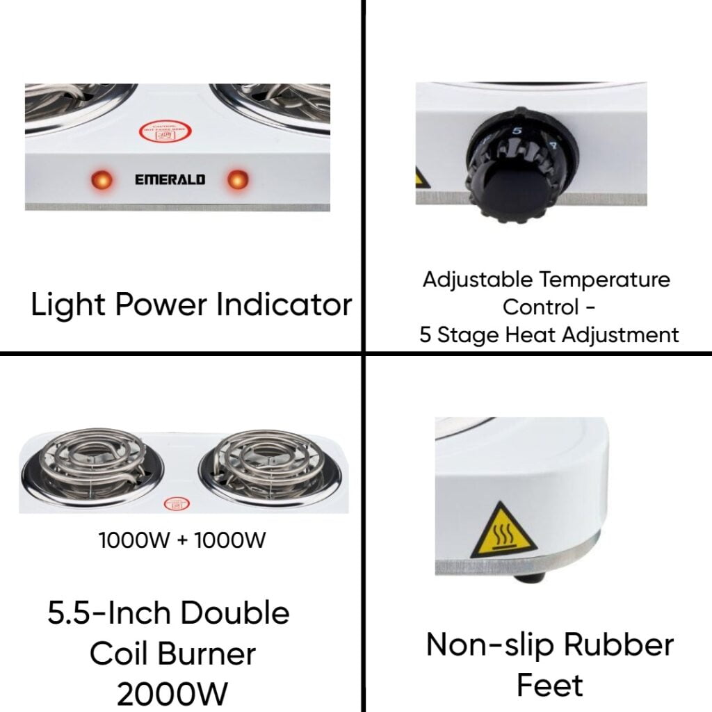 Emerald Compact & Portable, 2000W (2x1000W) Electric Double Burner 5.5" Coils Stovetop - White