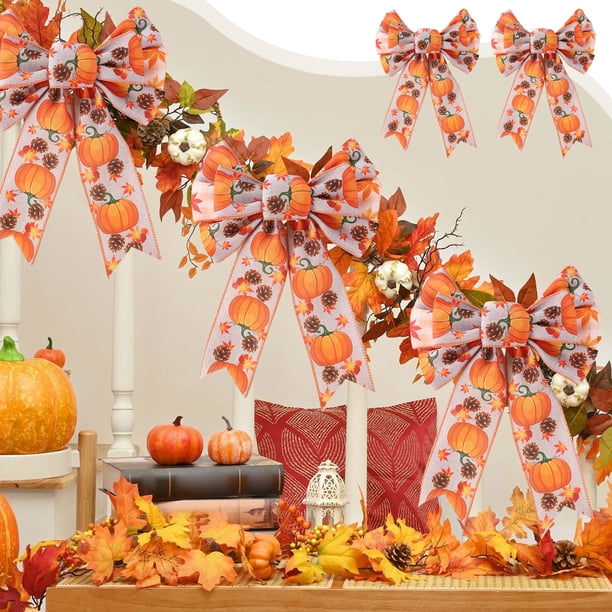 Lazo de cinta de arce con calabaza de Acción de Gracias, hecho a mano, serie de cosechas otoñales, decoraciones para festivales