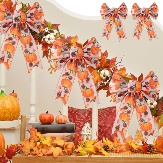Decoración del hogar, decoración de habitaciones, decoración de paredes, lazo de cinta de arce con calabaza de Acción de Gracias, lazo hecho a mano, serie de cosechas otoñales, decoraciones para festi