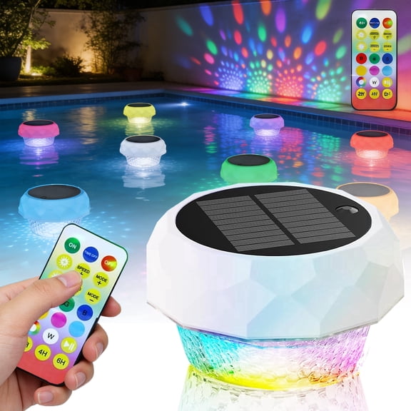 Floating Pool Lights with RGB Dynamic Lighting, IP68 Waterproof Pool Light with Remote Control, Rechargeable Solar Lights with Float or Hang, Solar Floating Light for Pool Hot Tub Garden Party