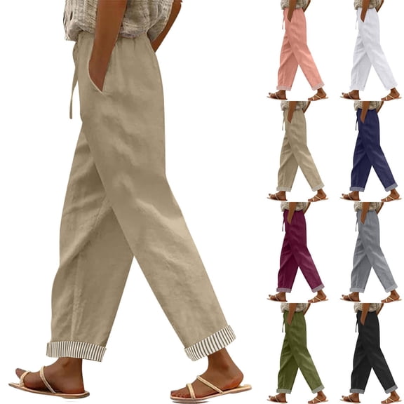 Oksale Cotton Linen Pants for Women Loose Straight Leg Pants with Pockets Casual Comfy Stretch Drawstring Summer Pants for Vacation Khaki M