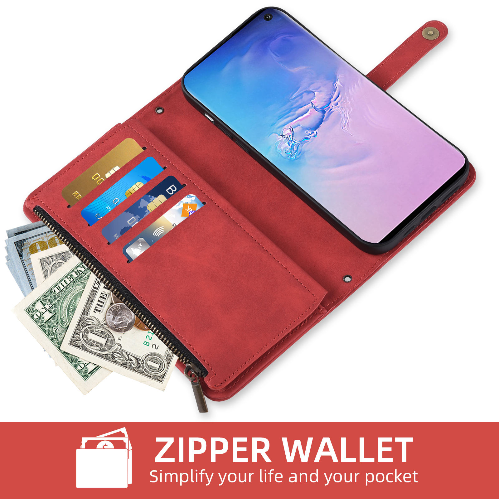 Asuwish Phone Case for Samsung Galaxy S10 Wallet Cover With Tempered Glass Screen Protector Crossbody Wrist Strap Flip Pattern Zipper Credit Card Holder Stand Cell S 10 Edge 10S GS10 X10 Women Red