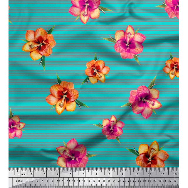Soimoi Green Georgette Viscose Fabric Stripe & Freesia Floral Printed Fabric 1 Yard 42 Inch Wide