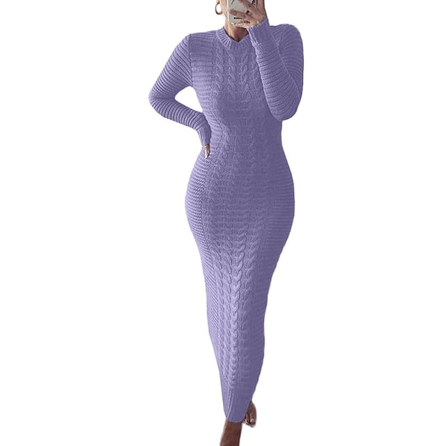 MAWCLOS Robe Chandail Femme Col Rond Maxi Robes Manches Longues Chandail Jumper Décontracté Travail Couleur Unie Violet Clair G