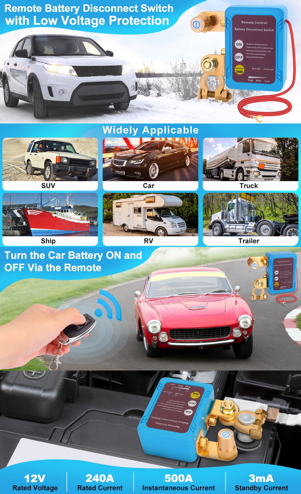 Remote Battery Disconnect Switch 12V 240A Battery Kill Switch for Auto RV ATV