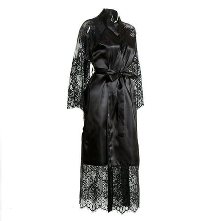 

Wsevypo Women s Long Lace Silk Satin Robe Sleepwear Bathrobes Nightgown