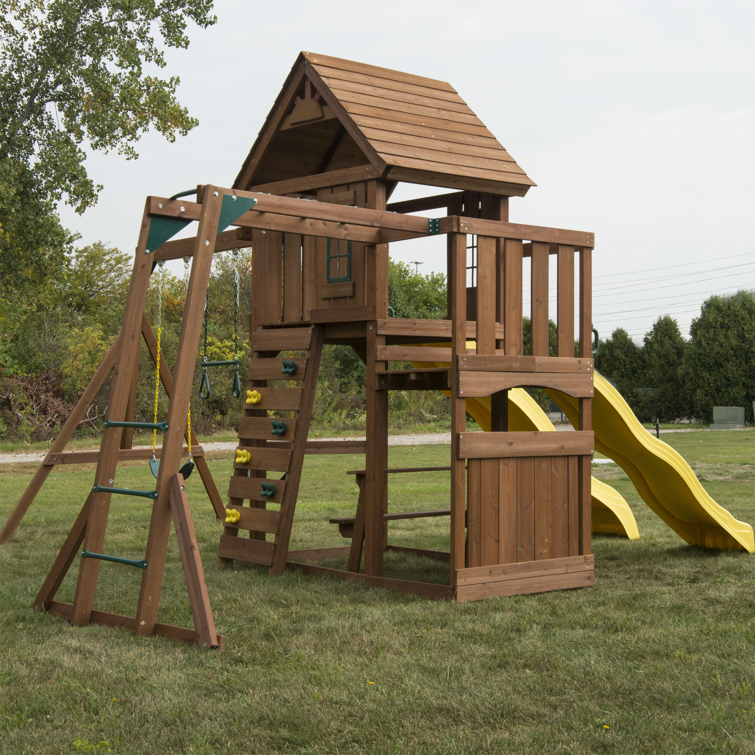 Swing-N-Slide Timberview Wooden Backyard Swing Set with Two Yellow Wave Slides, Wood Roof, Swings, and Monkey Bars - image 3 of 12