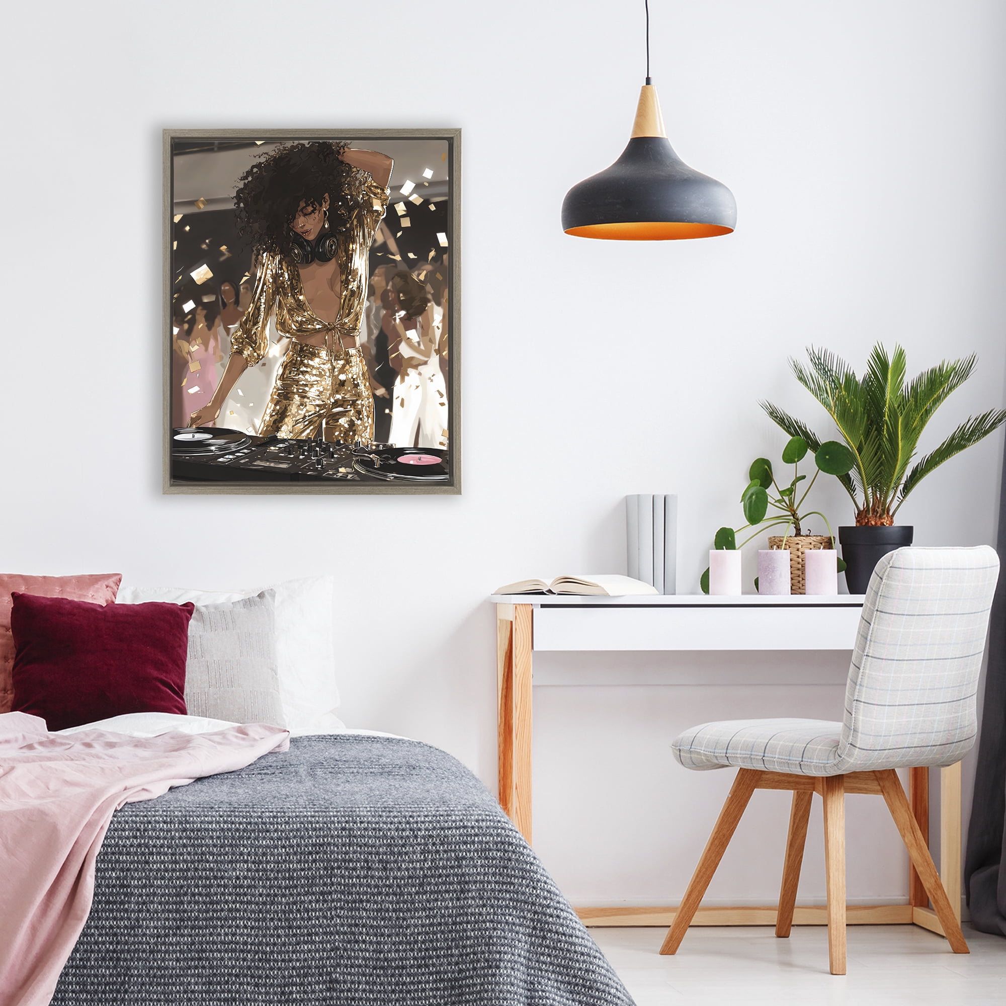 Stupell Industries Shimmering DJ in Sequins Brown Framed Floater Canvas Wall Art, design by Franklyn Gregory