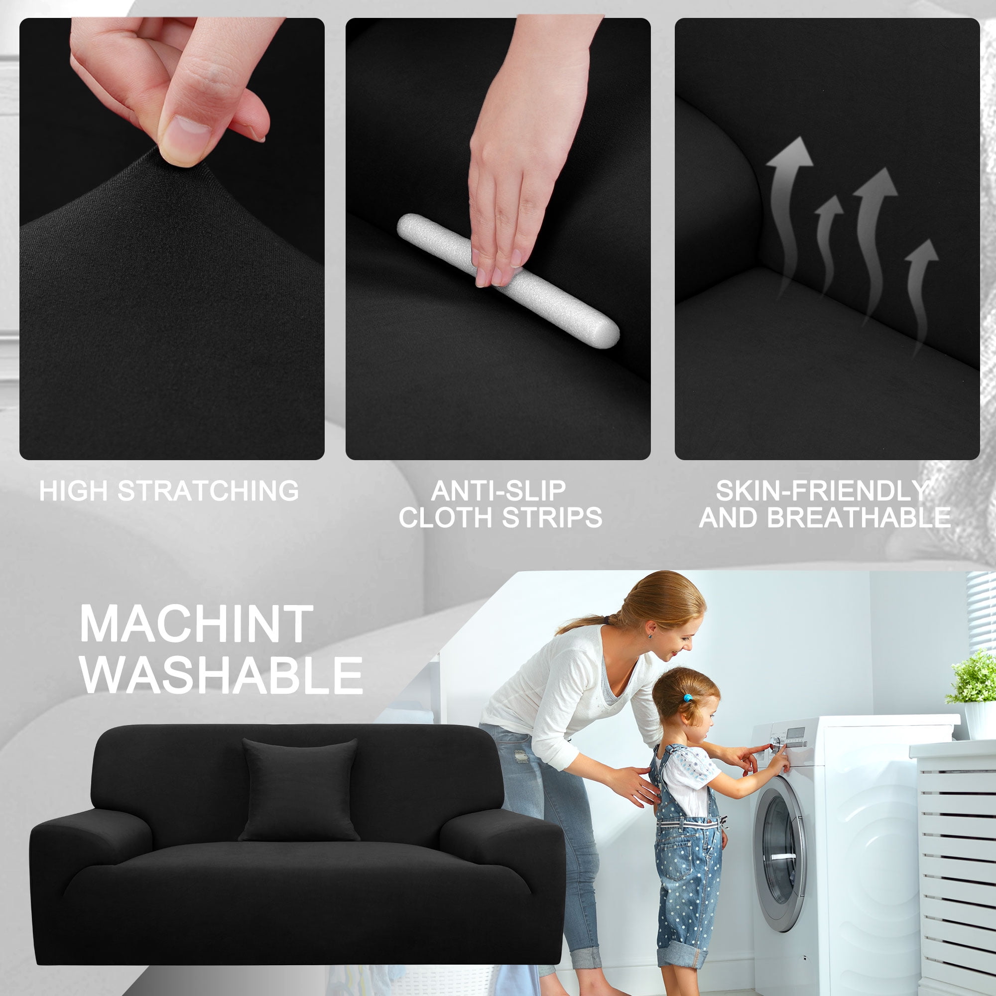 REGALWOVEN Thick Stretch Sofa Cover 2 Seater Solid Couch Cover, Black