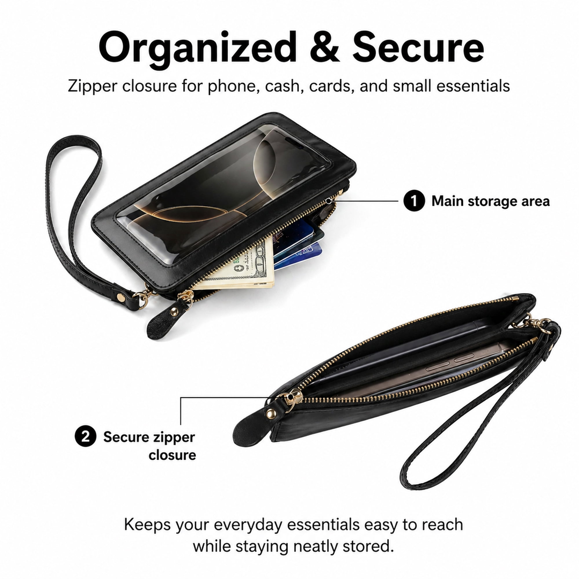 Touch Screen Phone Crossbody Bag, Mini Smartphone Shoulder Pouch with Clear Window Black