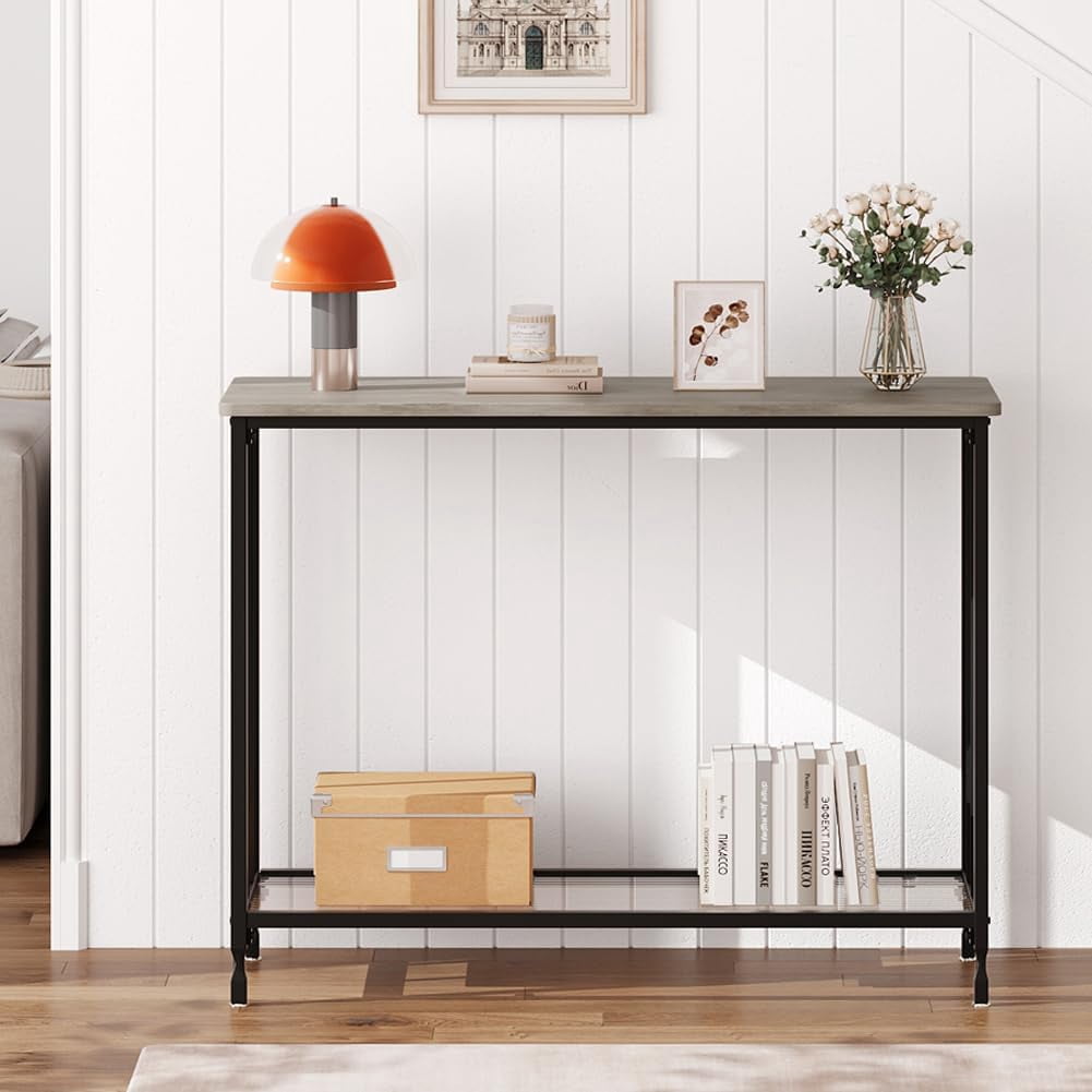 Console Table, Sofa Tables Narrow Entryway Table with Glass Shelf and Metal Frame, 33.5" Behind Couch Table Industrial Hallway Table for Living Room, Foyer, Bedroom, Rustic Grey