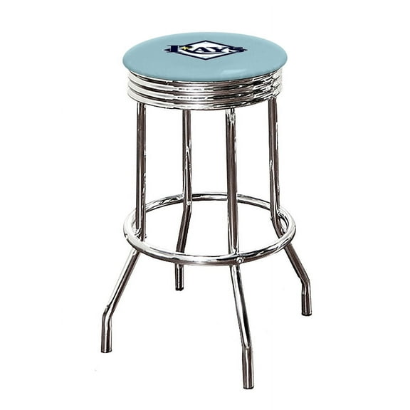 The Furniture King Bar Stool 24" or 29" Tall Backless Chrome Metal Stool Featuring Your Favorite Baseball Team Logo on a Colored Vinyl Swivel Seat Cushion - Rays on Baby Blue