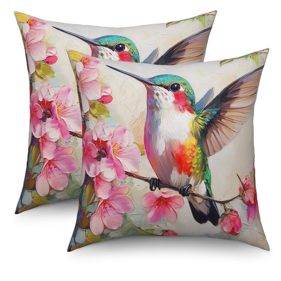 Watercolor Bird Throw Pillow Covers 18x18 Set of 2,Spring Hummingbird Floral Pillowcases for Sofa Couch Living Room