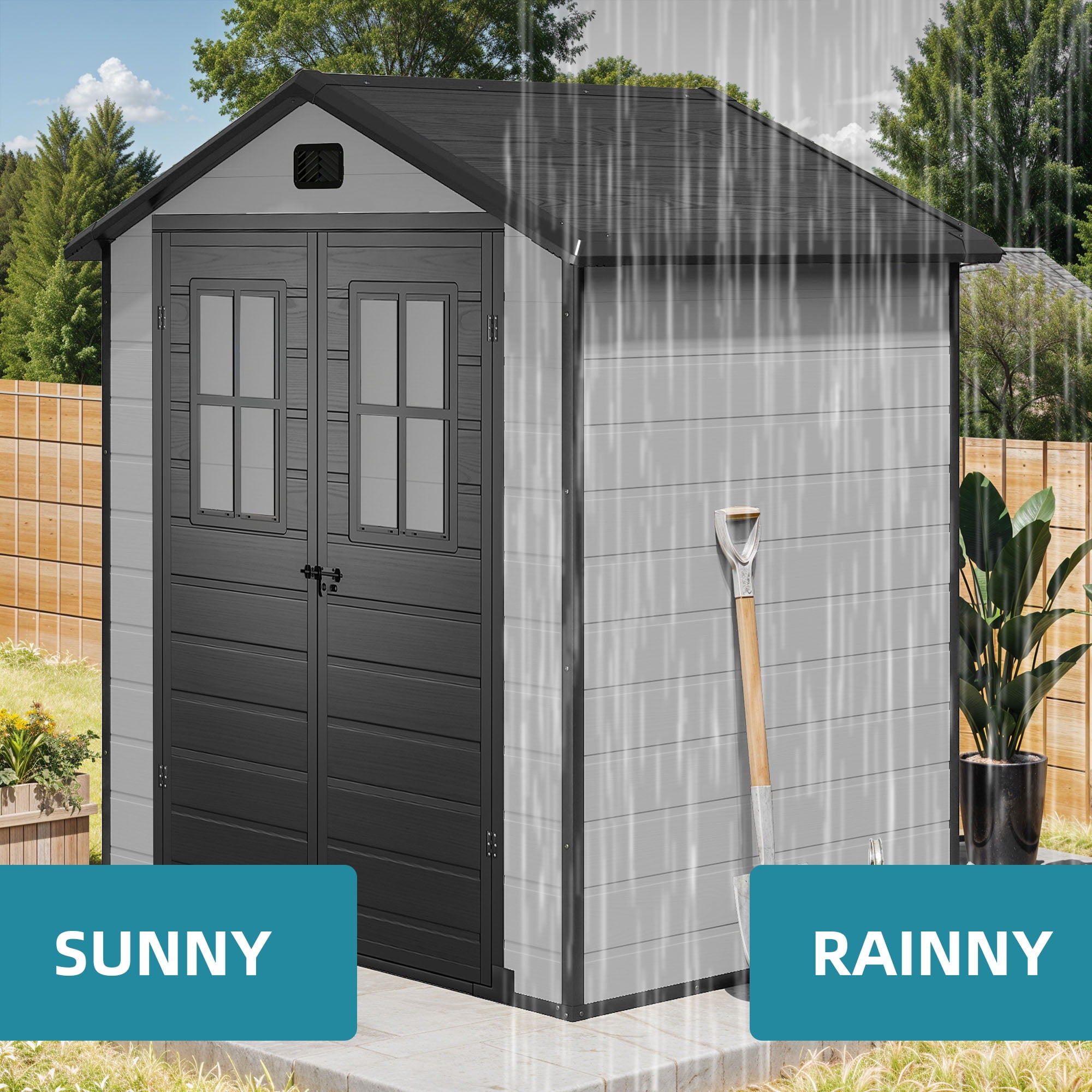 Uforic 6x4.4 FT Double-Wall Resin Outdoor Storage Shed, Plastic Garden Tool Shed with 2 Windows & Lockable Door, Waterproof Storage House for Lawn Mower, Backyard Patio Lawn, Black & Gray