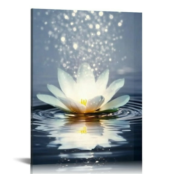 Acheng Zen Canvas Wall Art White Lotus Flower Bloom in Water Picture Prints Wall Decor Grey Painting for Yoga Spa Meditation Spiritual Room Decor 12x16 in