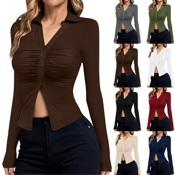 qolati Womens Button Down Shirts Y2k Trendy V Neck Collared Ruched Slim Fit Long Sleeve Shirt Casual Fall Fashion Cropped Ladies Tops