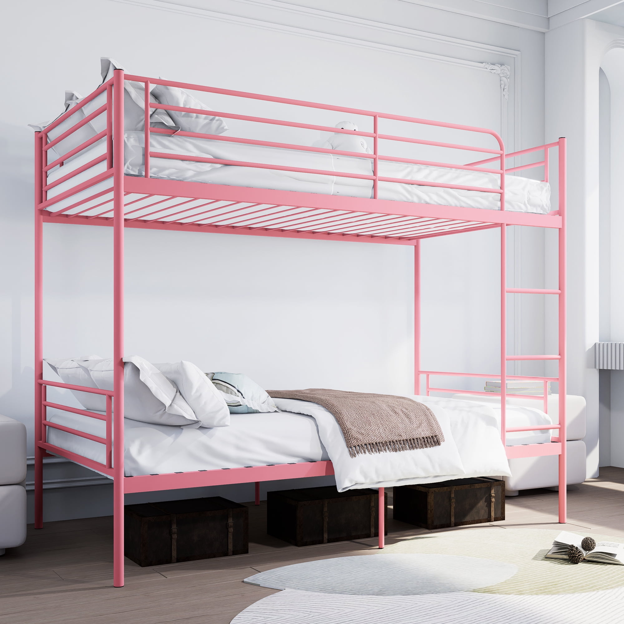 Leumius Twin over Twin Bunk Bed,Metal Bed Frame with Ladder and Guardrail,Noise Free,Easy Assemble,Able to Split 2 Bed,Pink