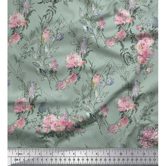 Soimoi Green Cotton Duck Fabric Blossom & Peony Floral Print Sewing Fabric Yard 44 Inch Wide