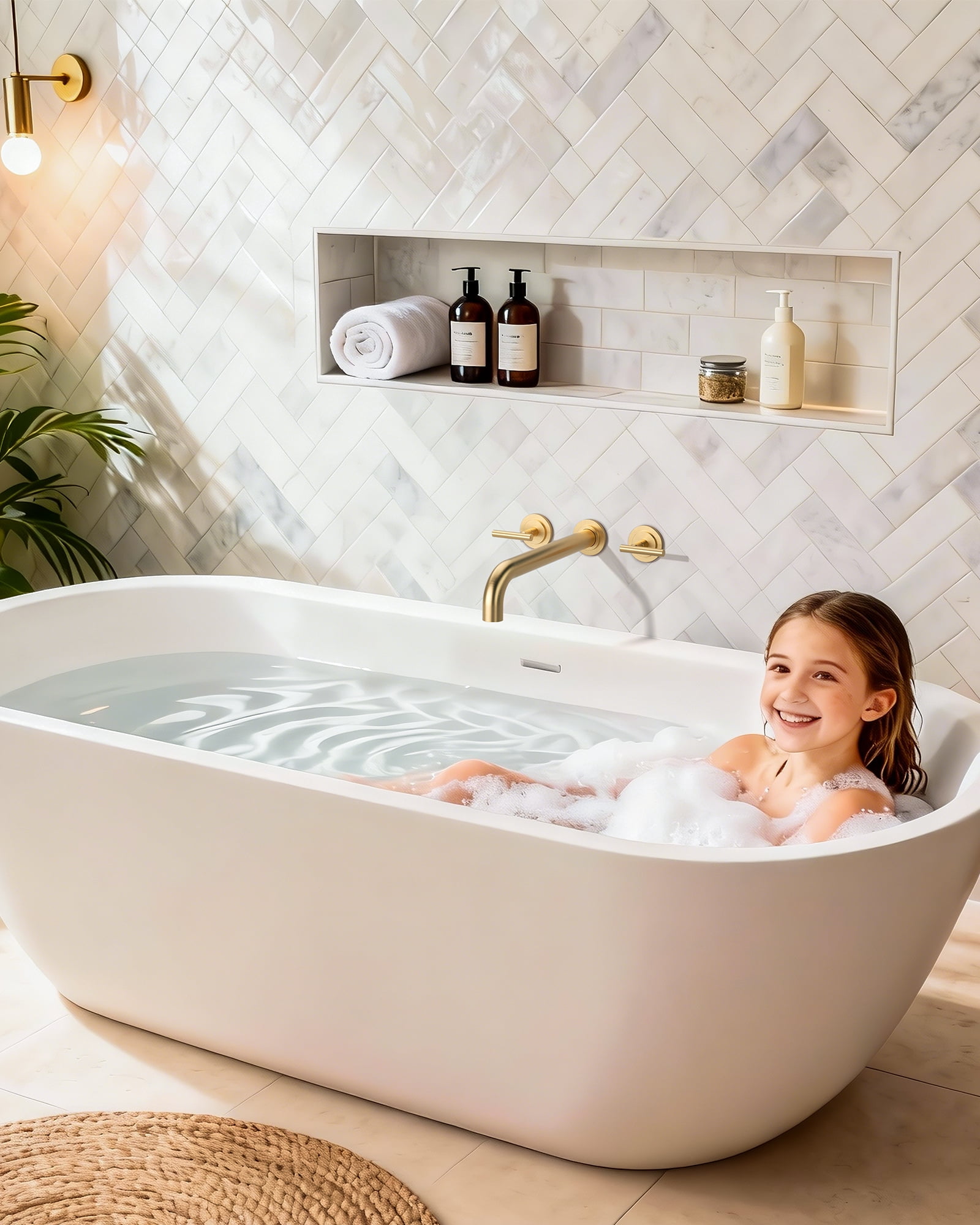 Wowow Wall Mount Tub Filler: Gold Tub Faucet High Flow Two Handles Solid Brass, Long Spout Reach,Tub Faucet Bathroom Bathtub Faucets with 2 Handles Tub Faucets with Brass Rough in Valve Include