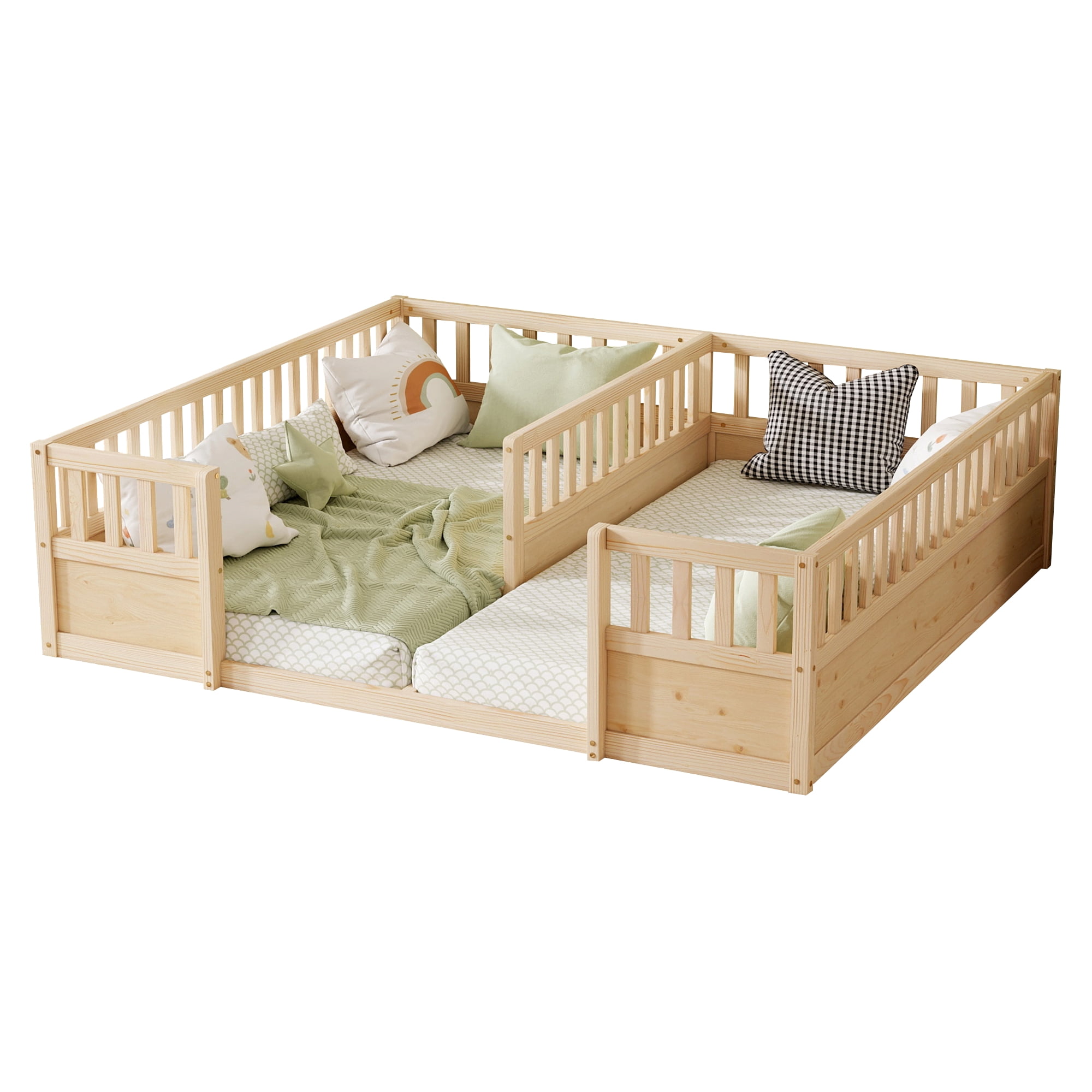 Double Twin Floor Bed 81.2 Inch, Pine Wood Bed Frame with Semi Enclosed Guardrails for Two Kids, Natural