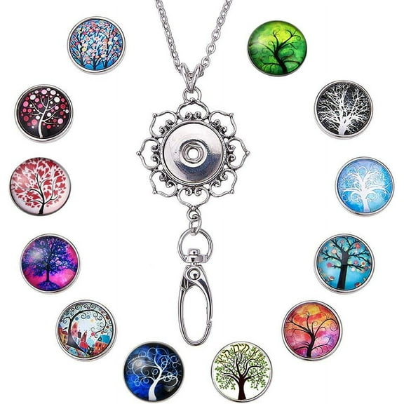 1 Box 12Pcs Women Office Lanyard ID Badges Holder Necklace Fancy Tree of Life School Stainless Steel Badge Lanyards Breakaway Snap Buttons Charms Jewelry Pendant Clip for Teacher Nurses Multi-color