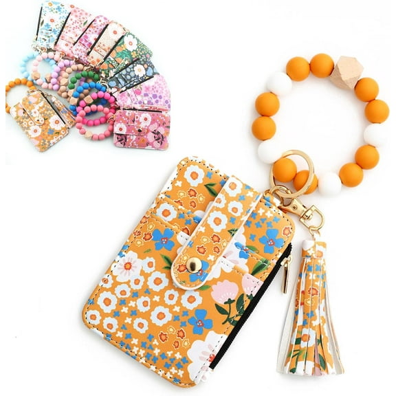 Women's Boho Beaded Wallet with Flower Pattern, Women Boho Style Beaded & Tassel Decorated Keychain, Credit Card Holder Purse (Yellow)