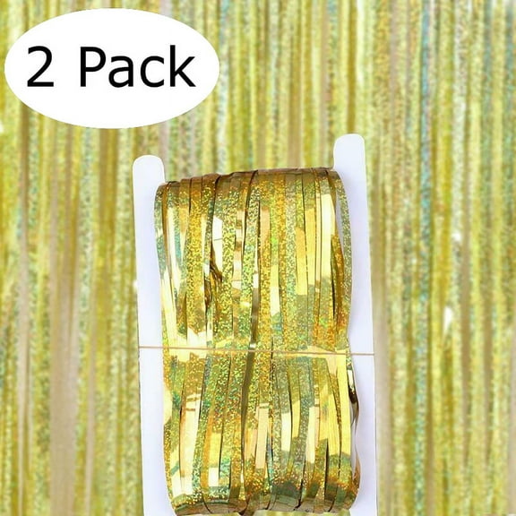 3.2 ft x 9.8 ft Metallic Tinsel Foil Fringe Curtains Pack of 2 for Party Photo Backdrop Wedding Decor (Sparkle Gold)