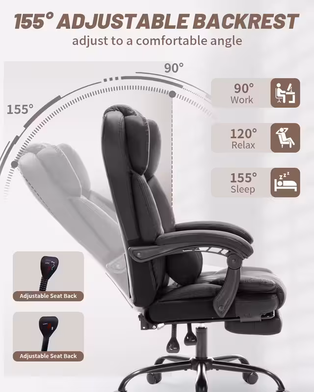 Qusaphy 600lbs Big and Tall PU Leather Executive Office Chair, Reclining Backrest up to 155°, Spring Cushion Seat, Lumbar Support & Adjustable Armrests for Home Office or Conference Room