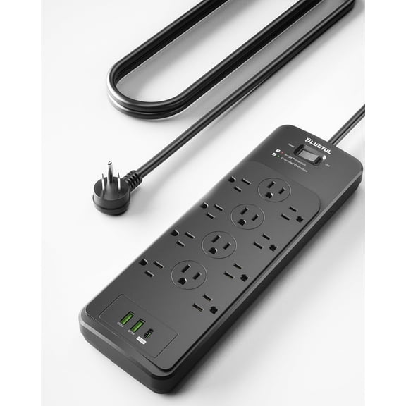 Surge Protector Power Strip 5FT(4080J) Black with 12 Outlets - Spacious Design for Large Plugs Flat Plug 20W USB C Charging Home Office ETL Listed