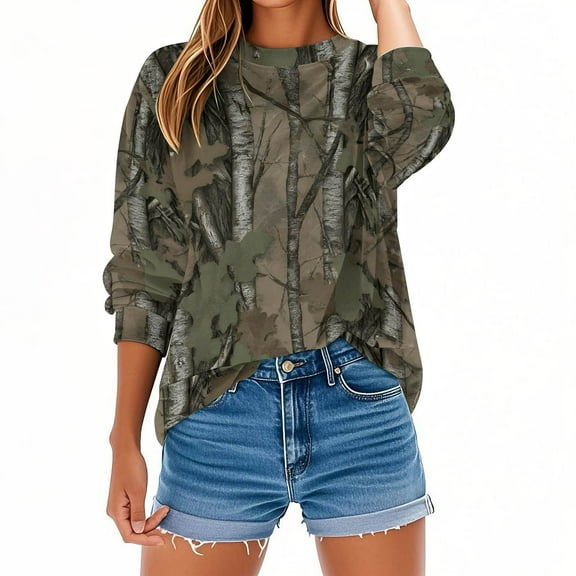 Makaor Womens Sweatshirts Plus Size Crew Neck Tops Camouflage Long Sleeve Pullover Tees Oversized Casual Fall Winter Clothes