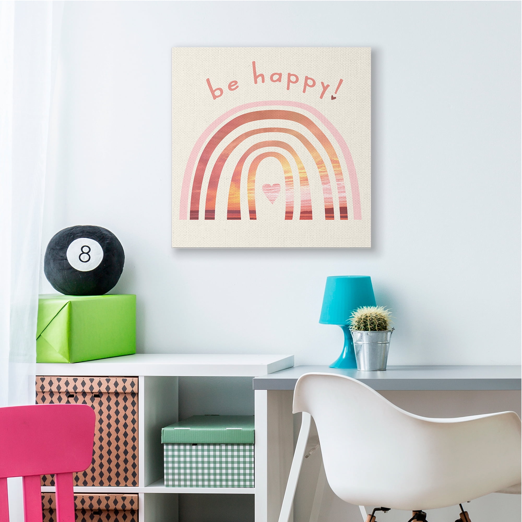 Stupell Industries Be Happy Phrase Warm Tone Beach Rainbow Nature Painting Gallery Wrapped Canvas Art Print Wall Art, 30 x 30