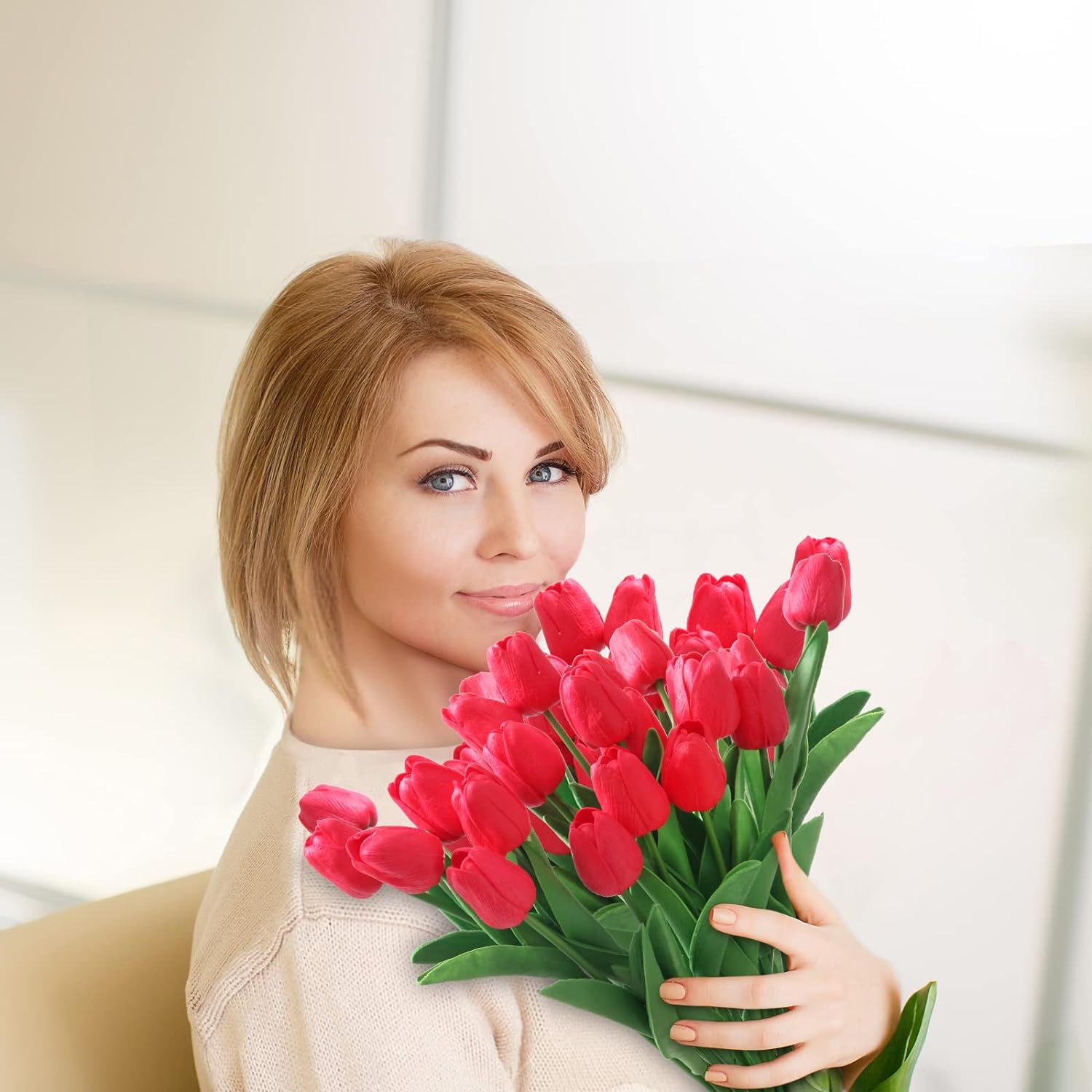 Morttic 24pcs Artificial Tulips Flowers Fake Faux PU Tulip Bouquet Real Touch Flowers Table Arrangement for Home Room Office Party Wedding Decoration (Red)