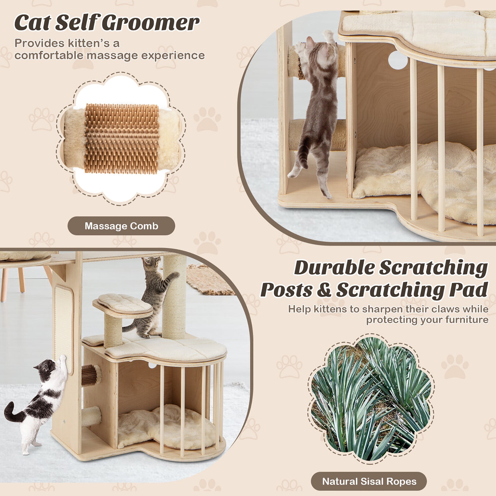 Gymax 55'' Tall Cat Tree Tower Multi-Layer Wooden Activity Center w/ Rest Condo & Hammock