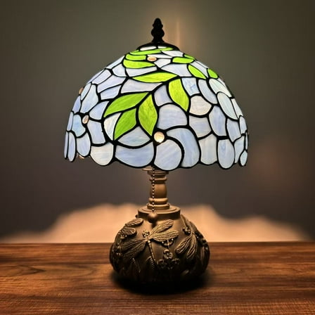 Tiffany Table Lamp Blue Stained Glass Green Leaves Included LED Bulb Dragonfly Base for Living Room Bedroom Bedside 10"W*10"D*14"H